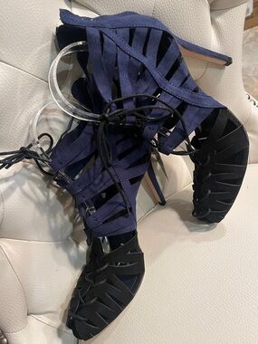 Zara Navy Blue Black Suede Strappy Lace-Up heels Sandals bootie Size  7.5 38